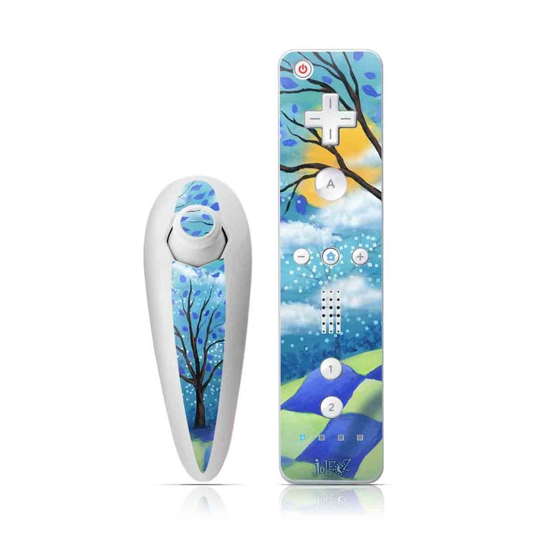 Wii Nunchuk Remote Skin design of Natural landscape, Nature, Blue, Tree, Sky, Branch, Spring, Woody plant, Plant, Leaf, with blue, gray, black, purple, green colors