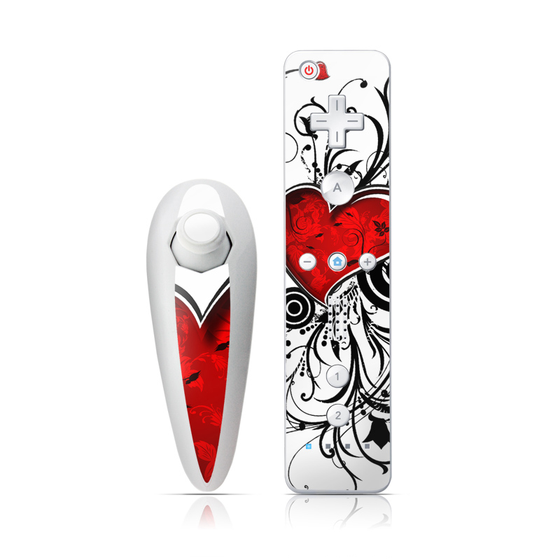 Wii Nunchuk Remote Skin design of Heart, Line art, Love, Clip art, Plant, Graphic design, Illustration, with white, gray, black, red colors