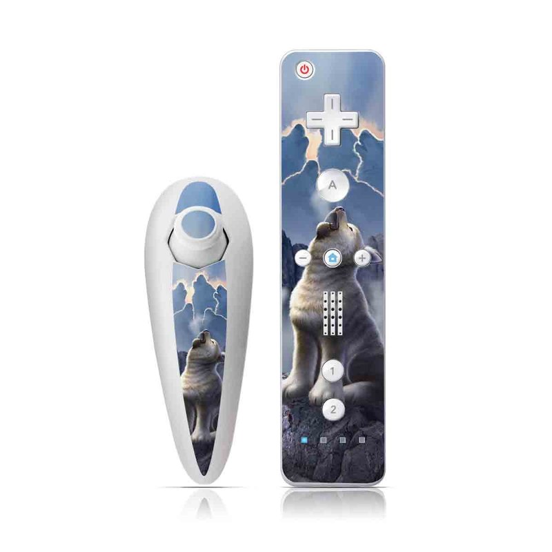Wii Nunchuk Remote Skin design of Sky, Cloud, Atmosphere, Rock, Wolf, Photography, Cg artwork, Illustration, Mountain, Mythology, with white, blue, gray, brown colors