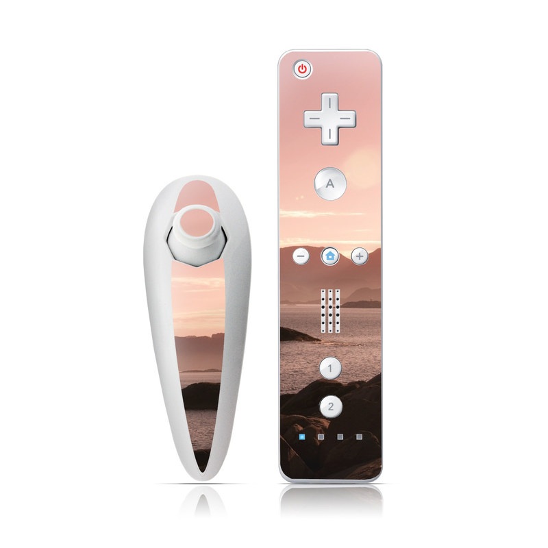 Wii Nunchuk Remote Skin design of Sky, Nature, Sea, Atmospheric phenomenon, Horizon, Natural landscape, Coast, Cloud, Morning, Calm, with gray, black, red, pink, green colors