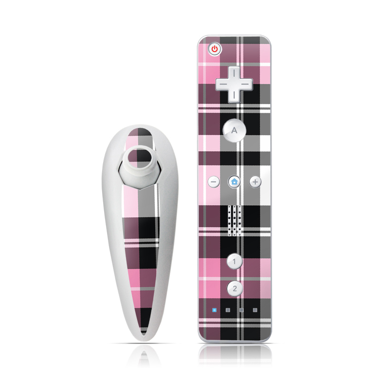 Wii Nunchuk Remote Skin design of Plaid, Tartan, Pattern, Pink, Purple, Violet, Line, Textile, Magenta, Design, with black, gray, pink, red, white, purple colors
