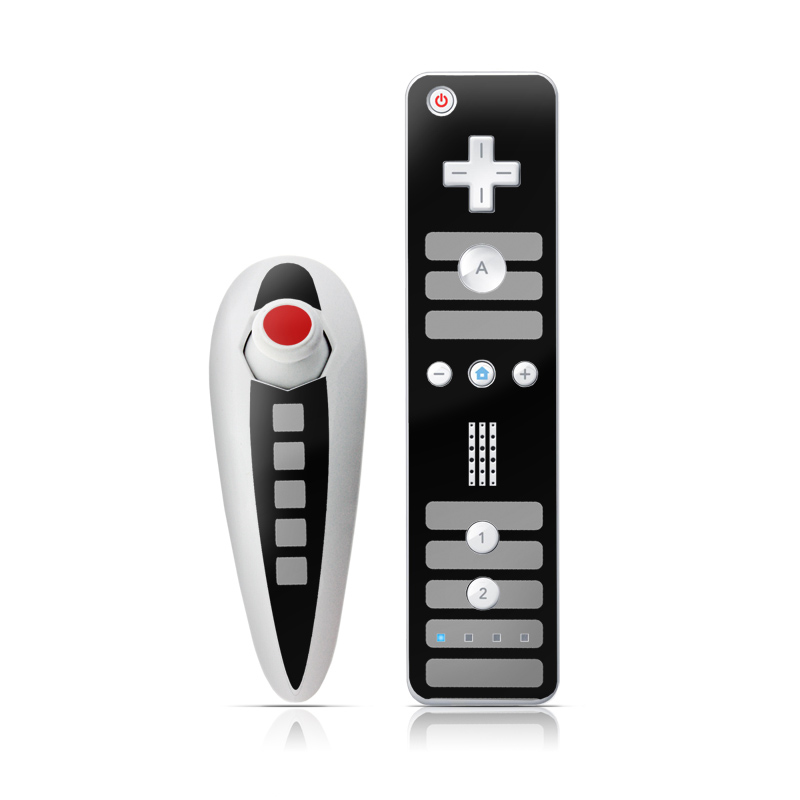 Wii Nunchuk Remote Skin design of Text, Black, Font, Logo, Line, Design, Material property, Pattern, Brand, Technology, with black, gray, red colors