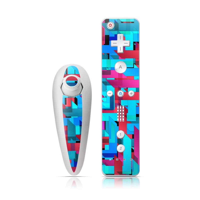 Wii Nunchuk Remote Skin design of Pattern, Turquoise, Line, Teal, Magenta, Design, Textile, Symmetry, Colorfulness, with blue, red, purple, black colors