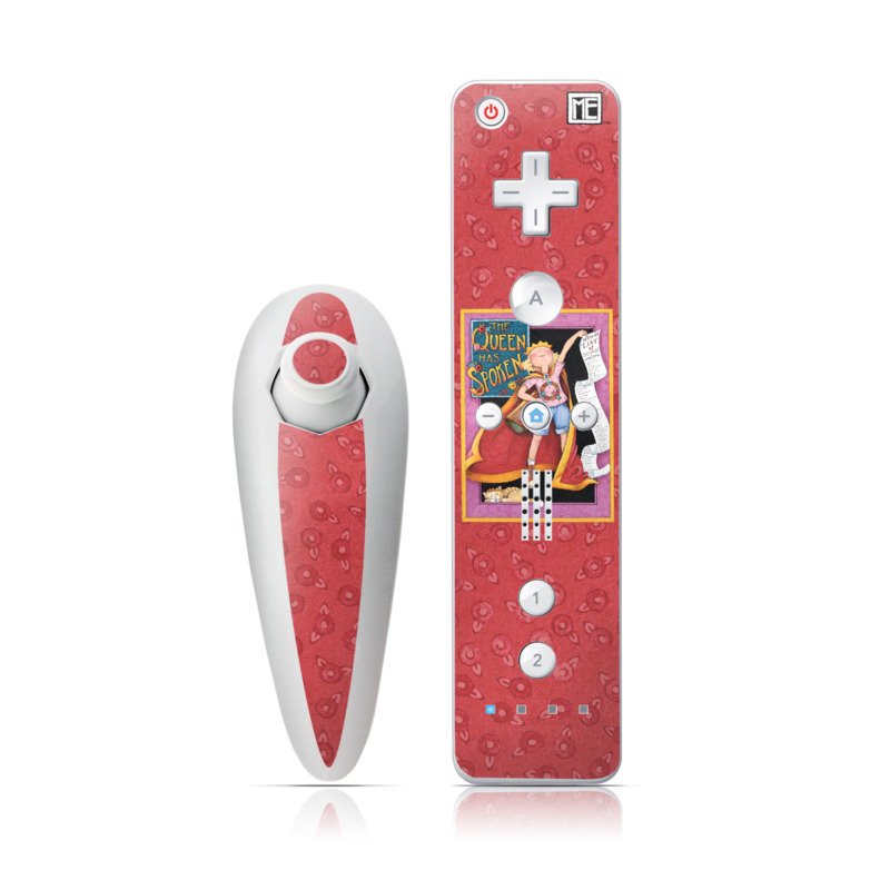 Wii Nunchuk Remote Skin design of Cartoon, Illustration, Art, Miniature, Fictional character, Fiction, Magenta, Style, with red, gray, black, green, orange, purple colors