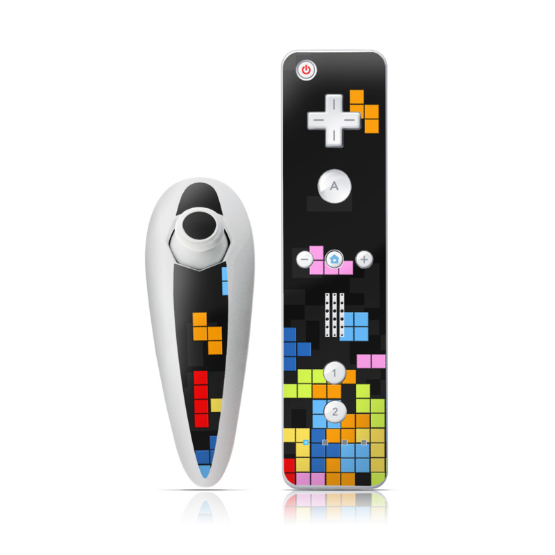 Wii Nunchuk Remote Skin design of Pattern, Symmetry, Font, Design, Graphic design, Line, Colorfulness, Magenta, Square, Graphics, with black, green, blue, orange, red colors