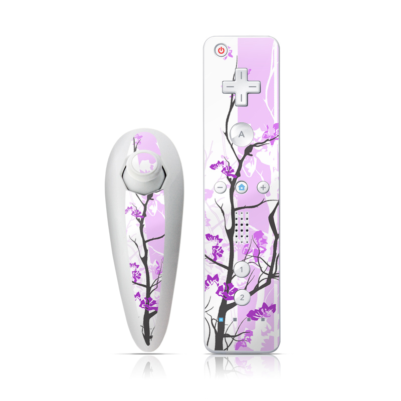 Wii Nunchuk Remote Skin design of Branch, Purple, Violet, Lilac, Lavender, Plant, Twig, Flower, Tree, Wildflower, with white, purple, gray, pink, black colors