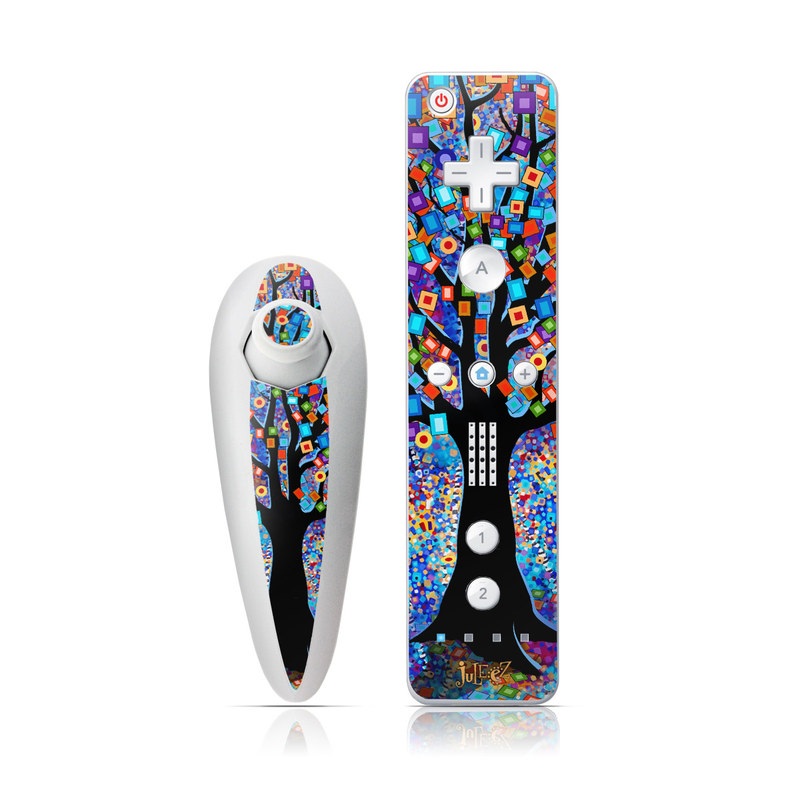 Wii Nunchuk Remote Skin design of Psychedelic art, Modern art, Art, with black, blue, red, orange, yellow, green, purple colors
