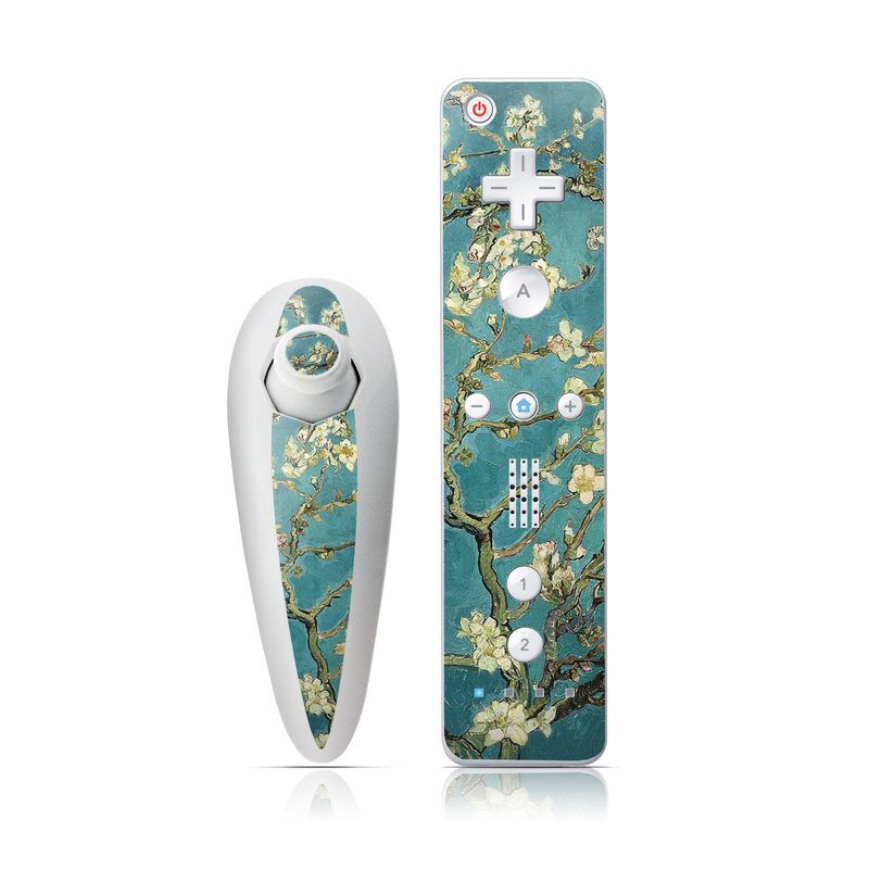 Wii Nunchuk Remote Skin design of Tree, Branch, Plant, Flower, Blossom, Spring, Woody plant, Perennial plant, with blue, black, gray, green colors