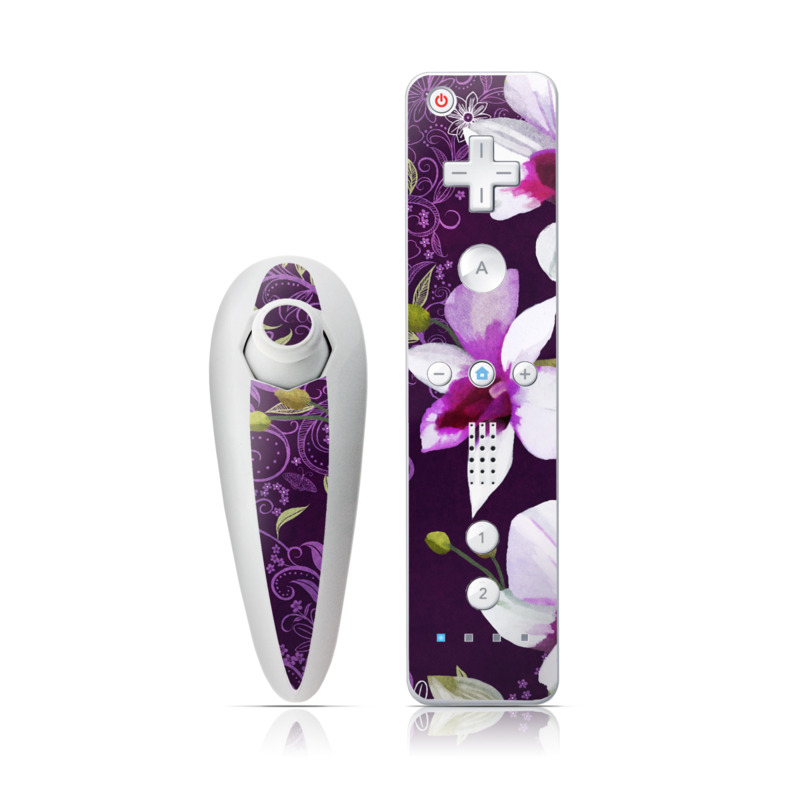 Wii Nunchuk Remote Skin design of Flower, Purple, Petal, Violet, Lilac, Plant, Flowering plant, cooktown orchid, Botany, Wildflower, with black, gray, white, purple, pink colors