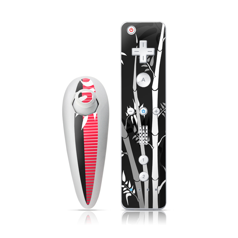 Wii Nunchuk Remote Skin design of Tree, Branch, Plant, Graphic design, Bamboo, Illustration, Plant stem, Black-and-white, with black, red, gray, white colors
