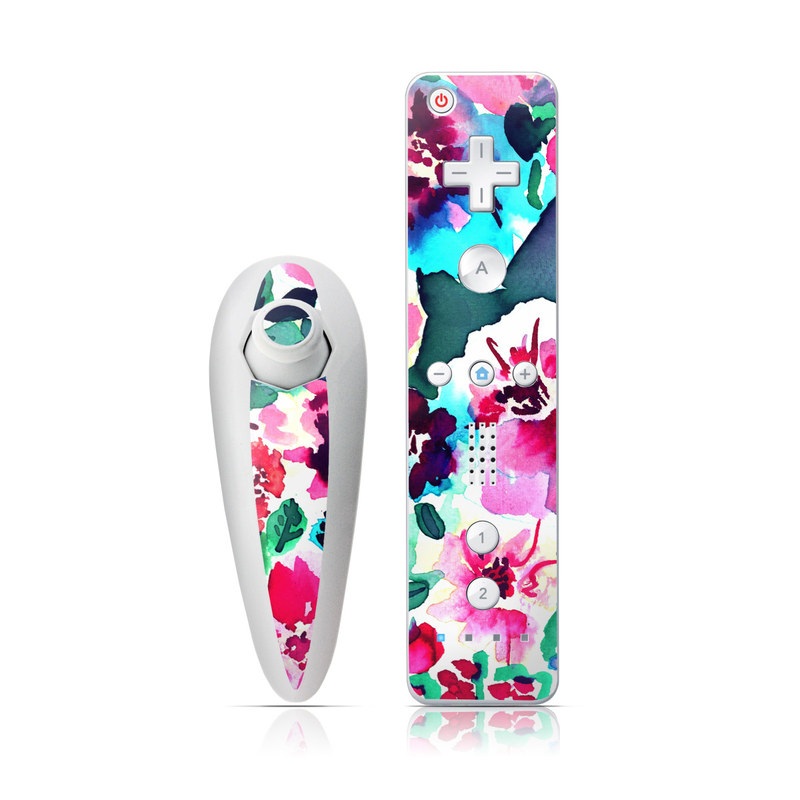 Wii Nunchuk Remote Skin design of Flower, Pink, Petal, Plant, Pattern, Hawaiian hibiscus, Design, Magenta, Flowering plant, Watercolor paint, with white, pink, blue, green, red colors
