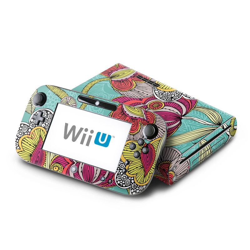 Wii U Skin design of Pattern, Visual arts, Motif, Floral design, Design, Art, Plant, Flower, Organism, Textile, with red, yellow, blue, gray, pink colors