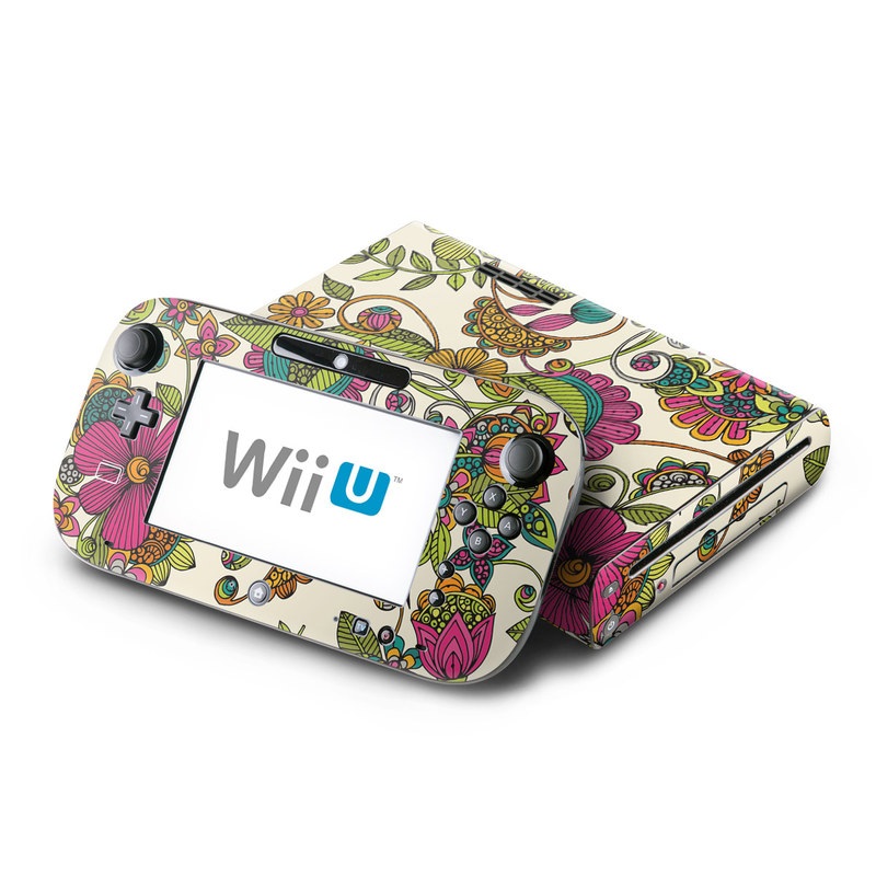 Wii U Skin design of Pattern, Floral design, Motif, Design, Visual arts, Botany, Pedicel, Flower, Plant, Textile, with green, pink, orange, blue colors
