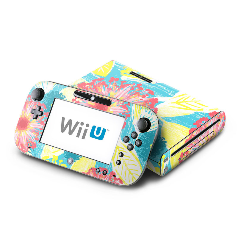 Wii U Skin design of Pattern, Design, Flower, Floral design, Plant, Textile, Wrapping paper, Wildflower, Visual arts, with pink, gray, blue, yellow colors