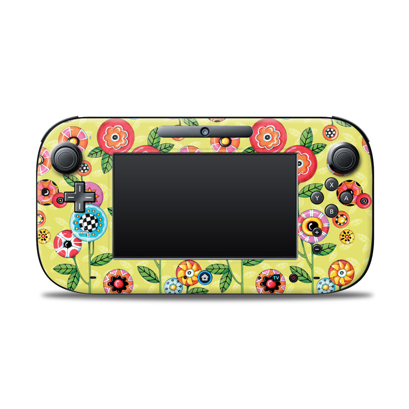 Wii U Controller Skin design of Wrapping paper, Pattern, Textile, Design, Visual arts, Wildflower, Art, Plant, Child art, Flower, with green, blue, red, yellow, orange, pink colors