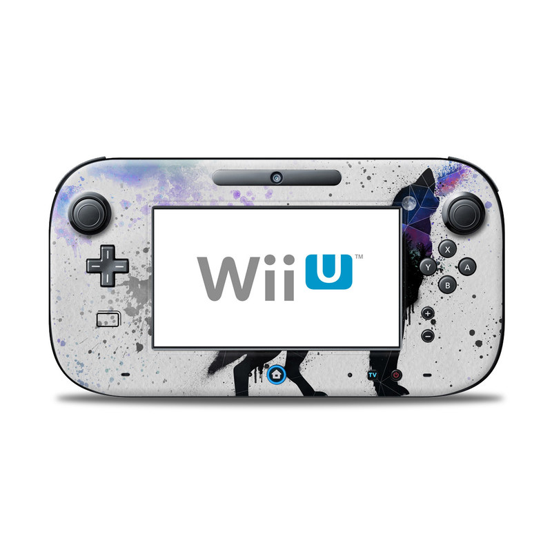 Wii U Controller Skin design of Canidae, Art, Illustration, Watercolor paint, Dog, Graphic design, Street art, Acrylic paint, Painting, Visual arts, with gray, white, blue, black, green, purple colors