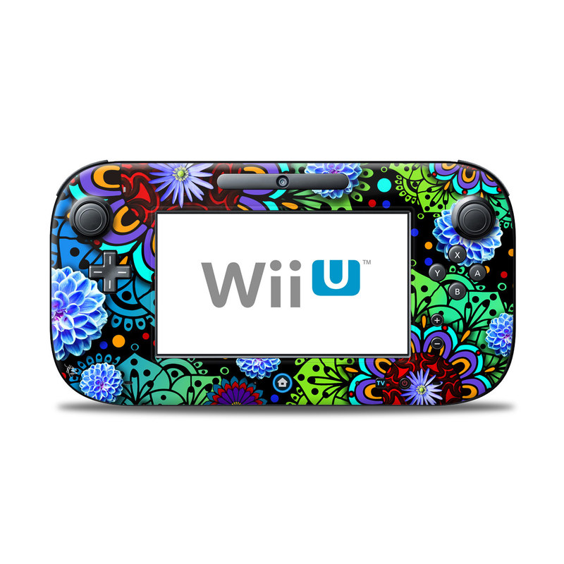 Wii U Controller Skin design of Pattern, Psychedelic art, Design, Flower, Art, Visual arts, Floral design, Plant, Textile, Symmetry, with black, blue, green, purple colors