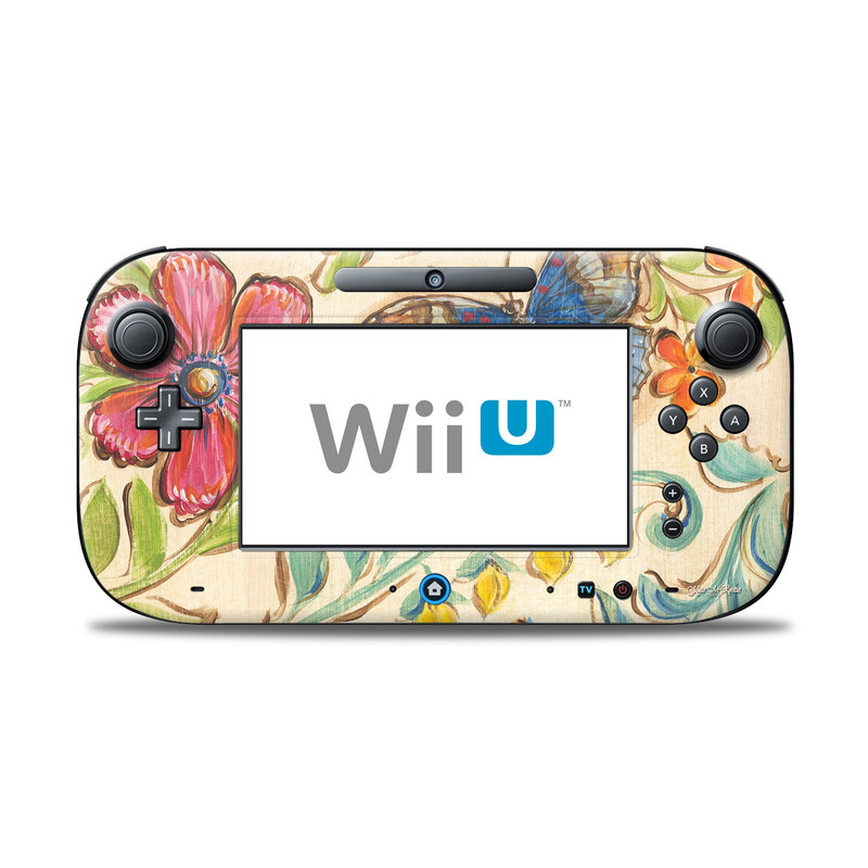 Wii U Controller Skin design of Butterfly, Moths and butterflies, Insect, Pollinator, Plant, Pattern, Watercolor paint, Wildflower, Visual arts, Brush-footed butterfly, with gray, pink, green, red, orange, blue colors