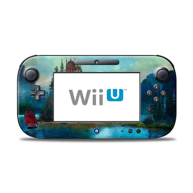 Wii U Controller Skin design of Nature, Natural landscape, Sky, Painting, Landscape, Illustration, Watercolor paint, Art, Calm, Water castle, with black, gray, blue, green colors