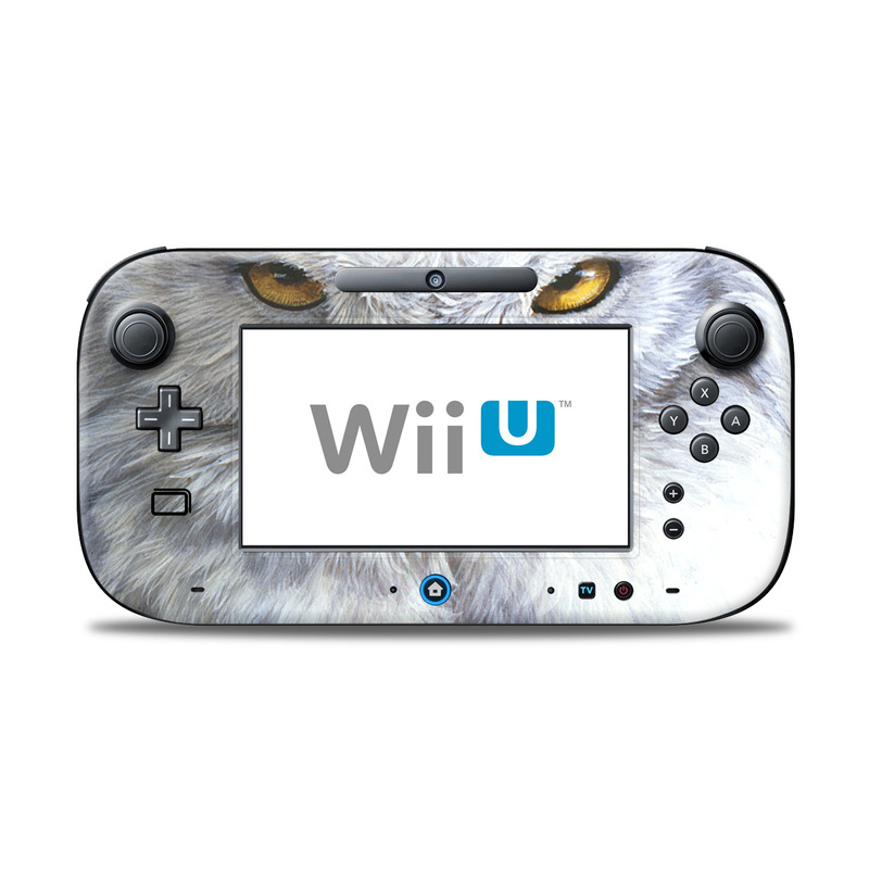 Wii U Controller Skin design of Owl, Bird, Bird of prey, Snowy owl, great grey owl, Close-up, Eye, Snout, Wildlife, Eastern Screech owl, with gray, white, black, blue, purple colors