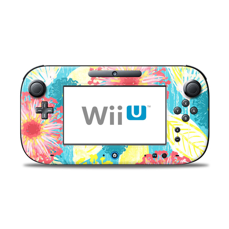 Wii U Controller Skin design of Pattern, Design, Flower, Floral design, Plant, Textile, Wrapping paper, Wildflower, Visual arts, with pink, gray, blue, yellow colors