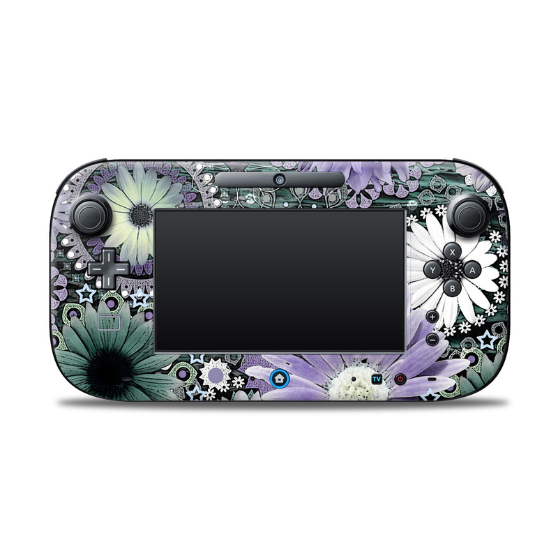 Wii U Controller Skin design of Purple, Flower, african daisy, Pericallis, Plant, Violet, Lavender, Botany, Petal, Pattern, with gray, black, blue, purple, white colors