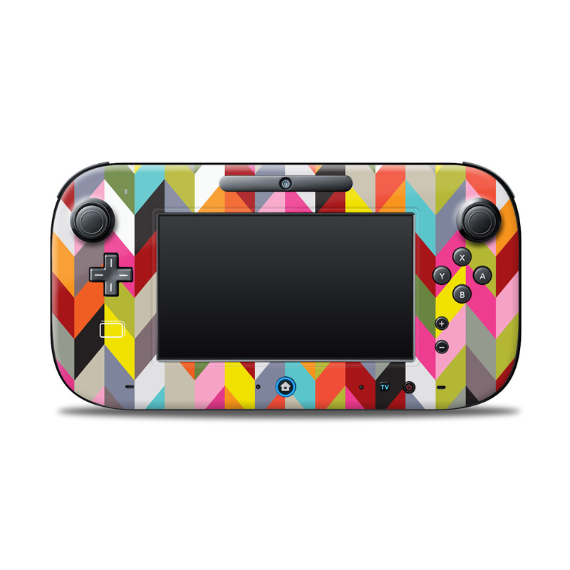 Wii U Controller Skin design of Pattern, Orange, Line, Design, Graphic design, Tints and shades, Triangle, with red, green, gray, black, blue, purple colors