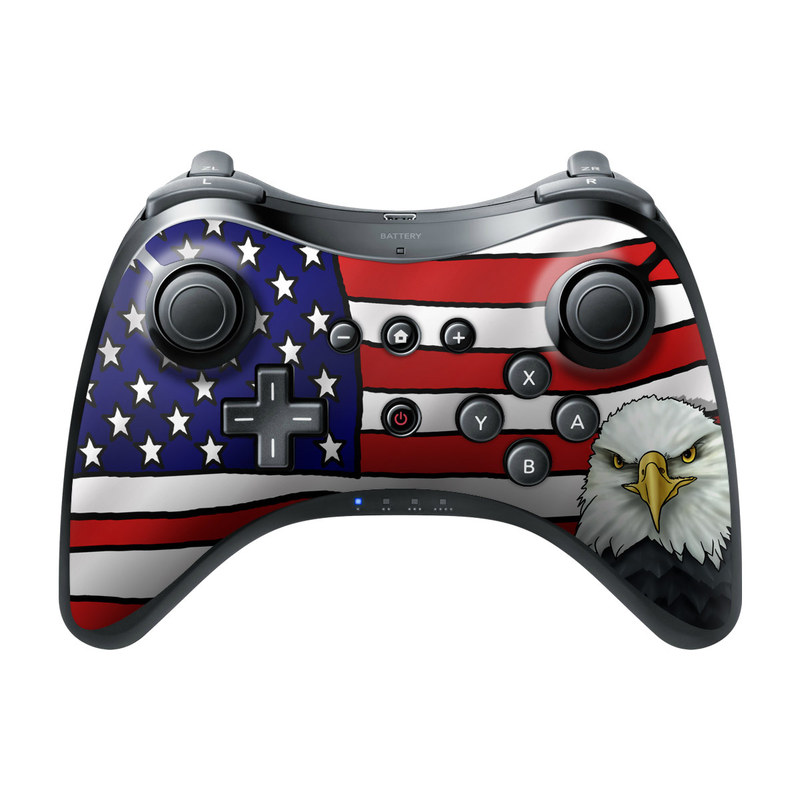 Wii U Pro Controller Skin design of Bald eagle, Eagle, Bird, Bird of prey, Accipitridae, Beak, Accipitriformes, Sea eagle, Flag, with white, gray, blue, yellow, red colors