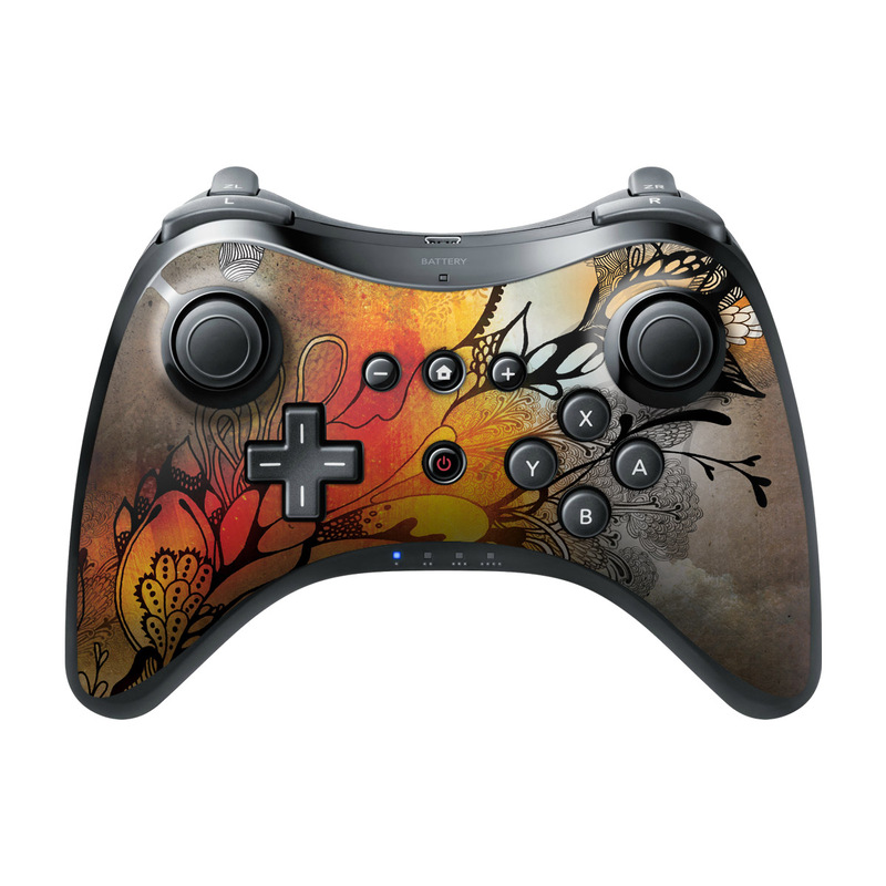 Wii U Pro Controller Skin design of Yellow, Orange, Art, Branch, Leaf, Graphic design, Visual arts, Pattern, Design, Modern art, with black, red, orange, yellow colors