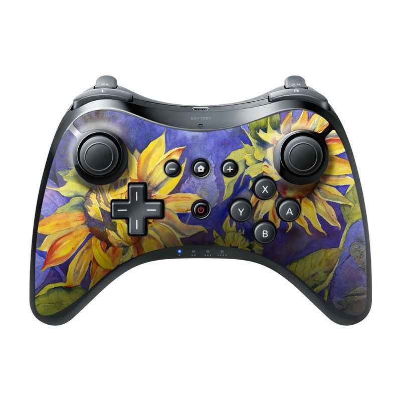 Wii U Pro Controller Skin design of Flower, Sunflower, Painting, sunflower, Watercolor paint, Plant, Flowering plant, Yellow, Acrylic paint, Still life, with green, black, blue, gray, red, orange colors