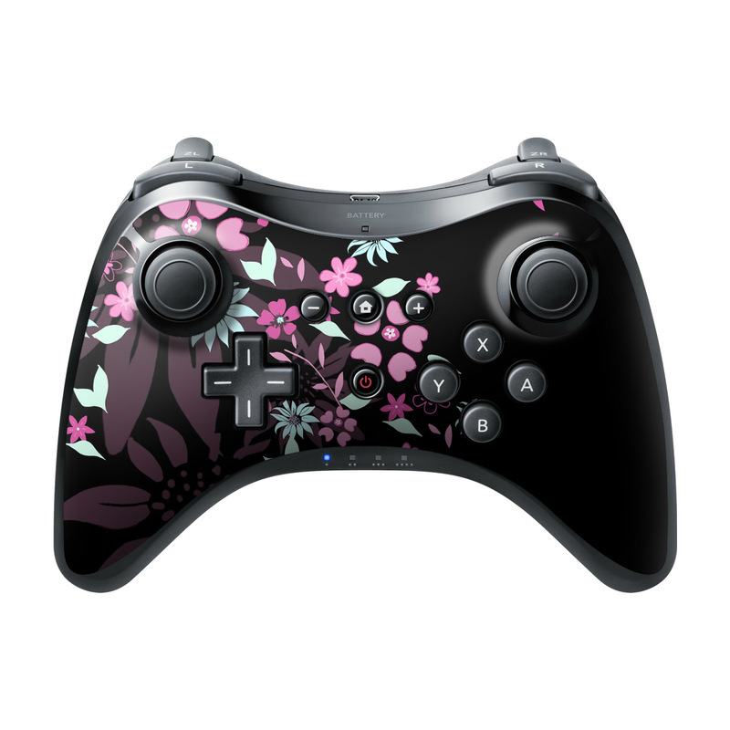 Wii U Pro Controller Skin design of Pink, Pattern, Flower, Plant, Botany, Petal, Floral design, Design, Pedicel, Graphic design, with black, gray, purple, green, red, pink colors