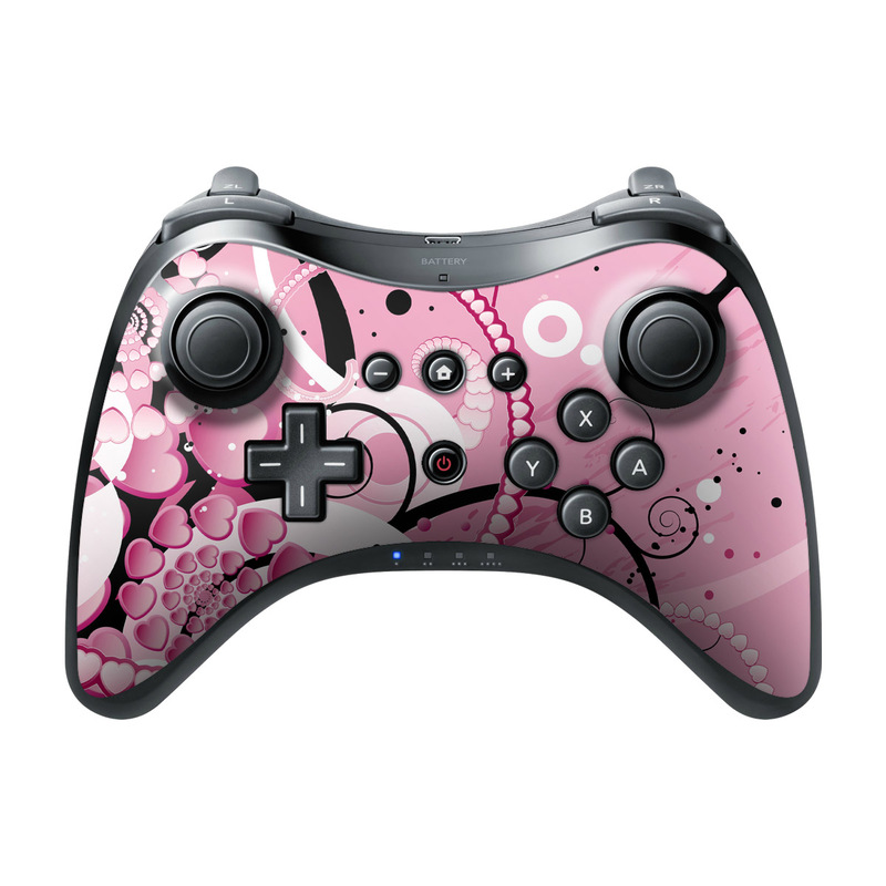 Wii U Pro Controller Skin design of Pink, Floral design, Graphic design, Text, Design, Flower Arranging, Pattern, Illustration, Flower, Floristry, with pink, gray, black, white, purple, red colors