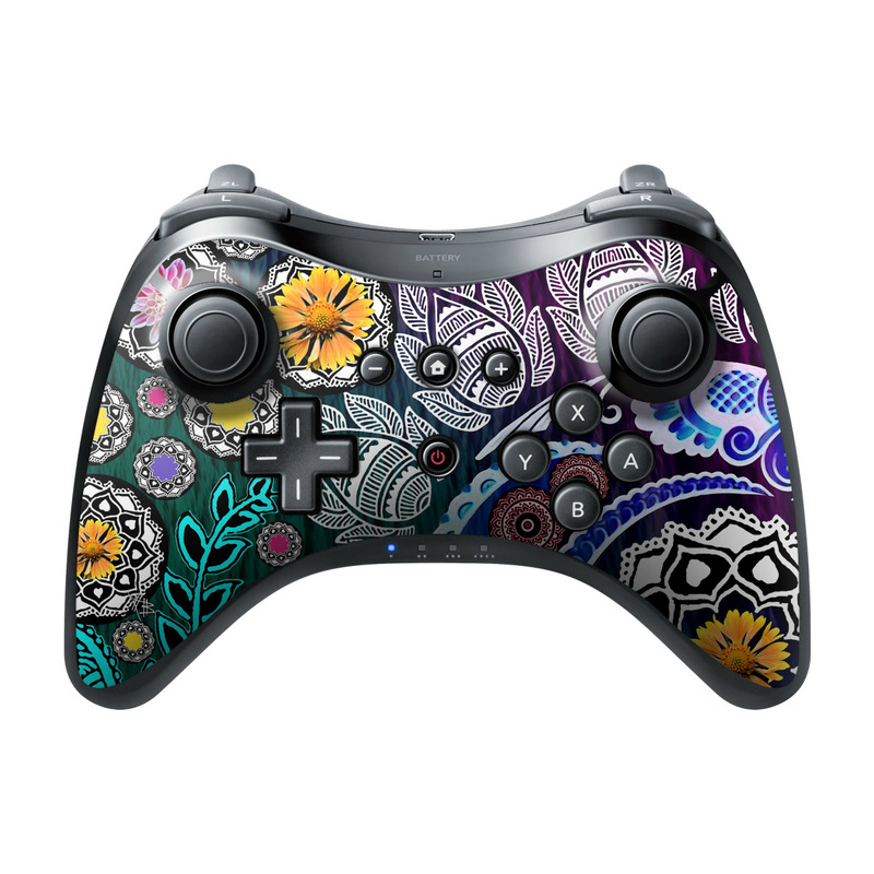 Wii U Pro Controller Skin design of Pattern, Psychedelic art, Art, Visual arts, Design, Floral design, Textile, Motif, Circle, Illustration, with black, gray, purple, blue, green, red colors