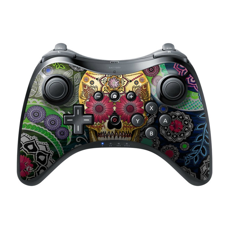 Wii U Pro Controller Skin design of Skull, Bone, Pattern, Psychedelic art, Visual arts, Design, Illustration, Art, Textile, Plant, with black, red, gray, green, blue colors