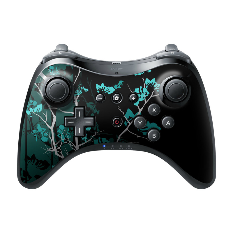 Wii U Pro Controller Skin design of Branch, Black, Blue, Green, Turquoise, Teal, Tree, Plant, Graphic design, Twig with black, blue, gray colors