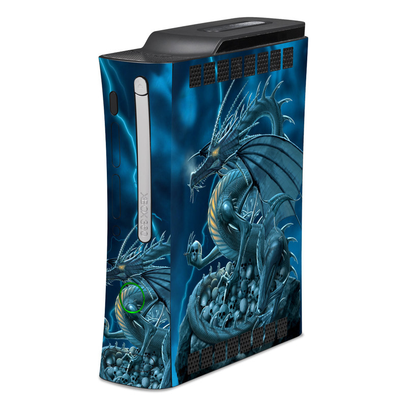 Old Xbox 360 Skin design of Cg artwork, Dragon, Mythology, Fictional character, Illustration, Mythical creature, Art, Demon, with blue, yellow colors