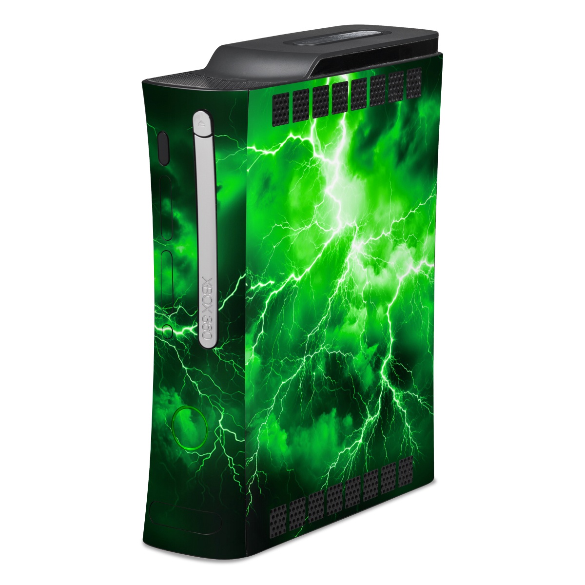 Old Xbox 360 Skin design of Water, Atmosphere, Thunder, Light, Green, Sky, Natural environment, Natural landscape, Electricity, Organism, with black, green colors