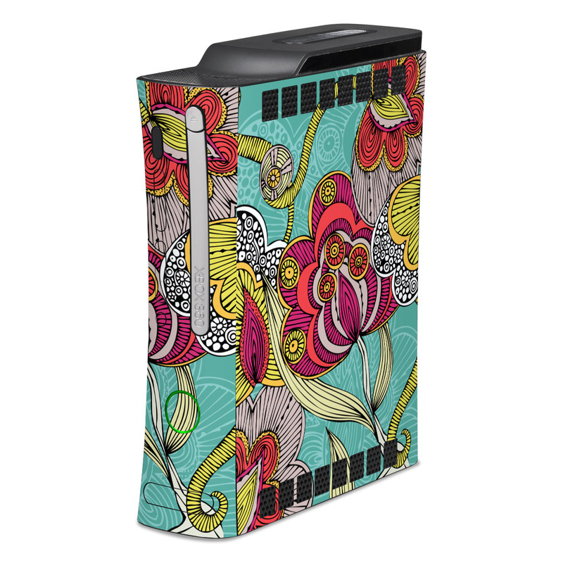 Old Xbox 360 Skin design of Pattern, Visual arts, Motif, Floral design, Design, Art, Plant, Flower, Organism, Textile, with red, yellow, blue, gray, pink colors