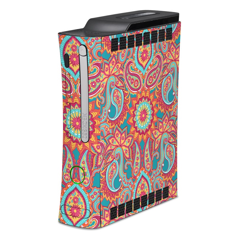 Old Xbox 360 Skin design of Pattern, Paisley, Motif, Visual arts, Design, Art, Textile, Psychedelic art, with orange, yellow, blue, red colors