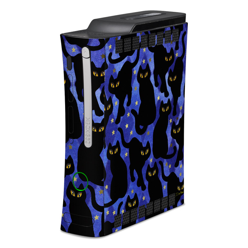 Old Xbox 360 Skin design of Black cat, Black, Cat, Small to medium-sized cats, Pattern, Felidae, Design, Electric blue, Illustration, Art, with black, blue, purple, yellow colors
