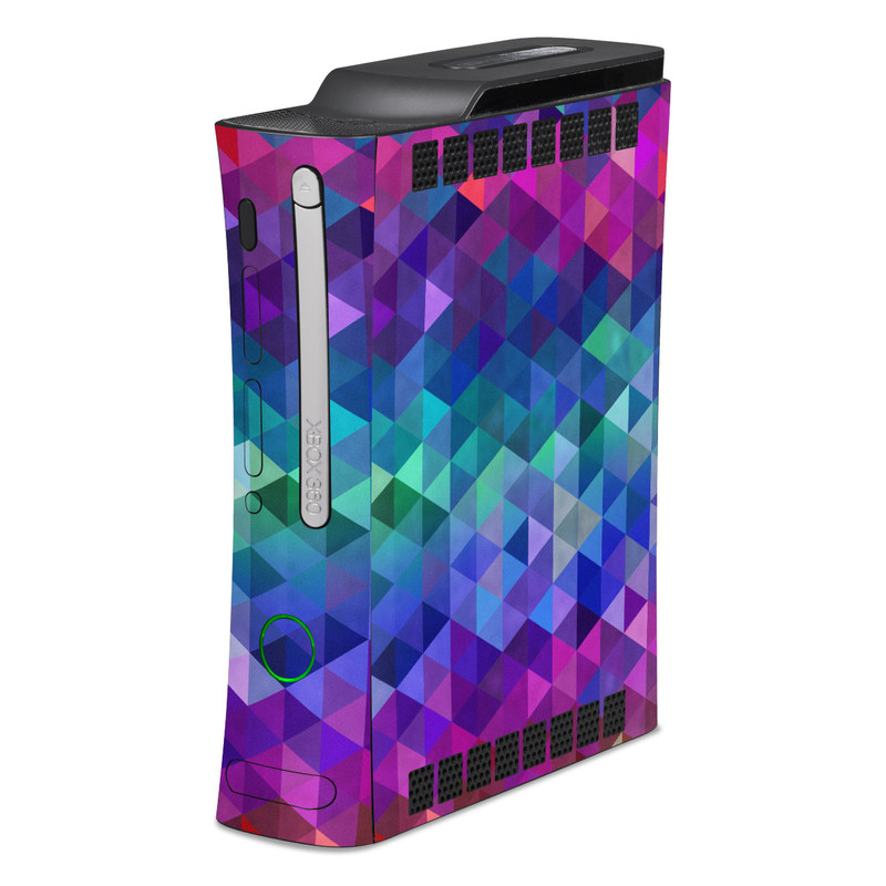 Old Xbox 360 Skin design of Purple, Violet, Pattern, Blue, Magenta, Triangle, Line, Design, Graphic design, Symmetry, with blue, purple, green, red, pink colors