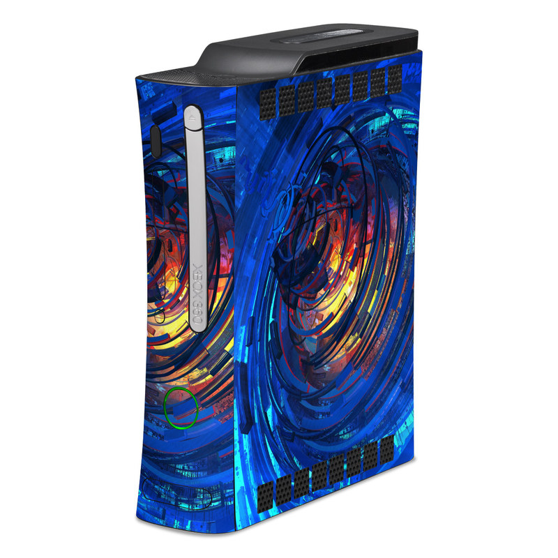 Old Xbox 360 Skin design of Blue, Water, Circle, Vortex, Electric blue, Wave, Liquid, Graphics, Pattern, Colorfulness, with blue, orange, yellow colors