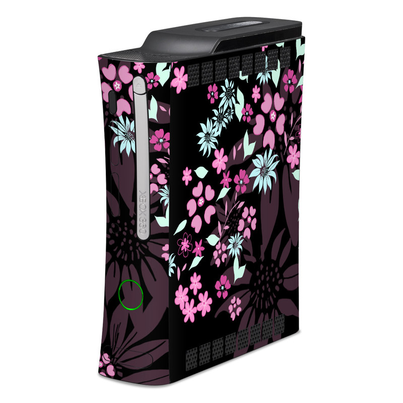 Old Xbox 360 Skin design of Pink, Pattern, Flower, Plant, Botany, Petal, Floral design, Design, Pedicel, Graphic design, with black, gray, purple, green, red, pink colors