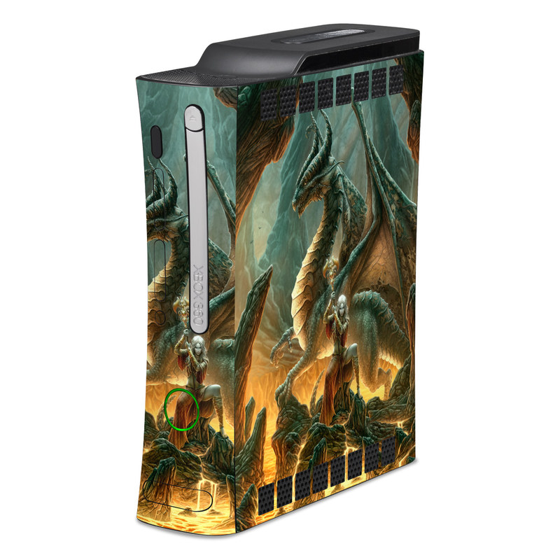 Old Xbox 360 Skin design of Dragon, Cg artwork, Mythology, Fictional character, Mythical creature, Art, Illustration, Cryptid, Sculpture, Demon, with black, green, red, gray, blue colors