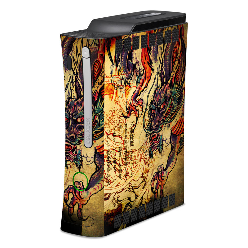 Old Xbox 360 Skin design of Illustration, Fictional character, Art, Demon, Drawing, Visual arts, Dragon, Supernatural creature, Mythical creature, Mythology, with black, green, red, gray, pink, orange colors
