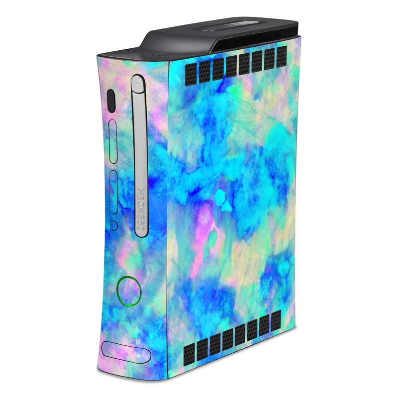 Old Xbox 360 Skin design of Blue, Turquoise, Aqua, Pattern, Dye, Design, Sky, Electric blue, Art, Watercolor paint, with blue, purple colors