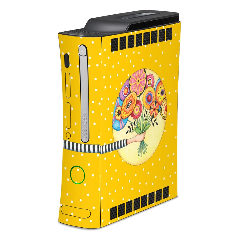 Old Xbox 360 Skin design of Circle, Illustration, Clip art, Plant, with orange, yellow, pink, gray, green, black colors