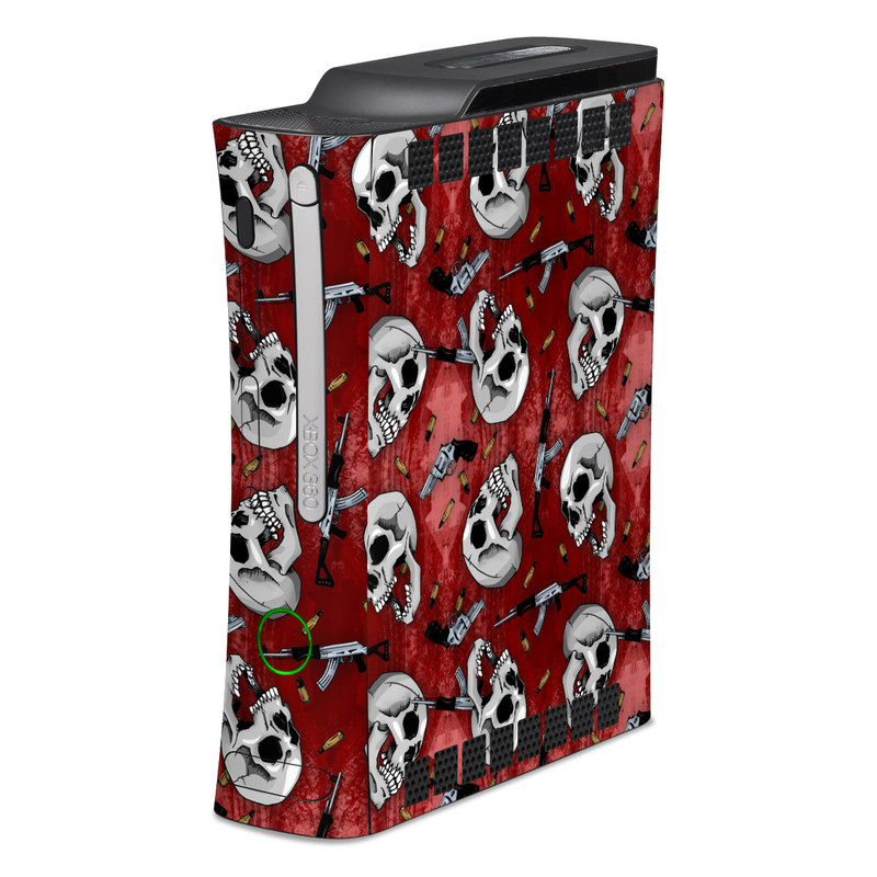 Old Xbox 360 Skin design of Skull, Red, Bone, Personal protective equipment, Skeleton, Mask, Font, Sports gear, Headgear, Pattern, with black, red, gray colors