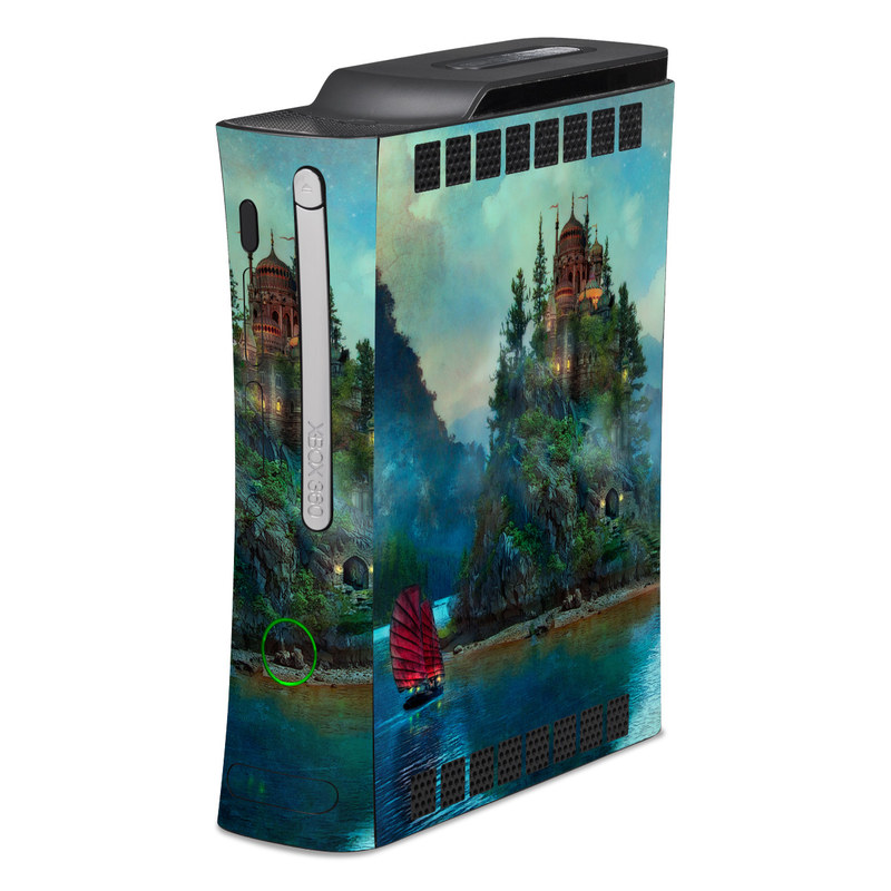 Old Xbox 360 Skin design of Nature, Natural landscape, Sky, Painting, Landscape, Illustration, Watercolor paint, Art, Calm, Water castle, with black, gray, blue, green colors