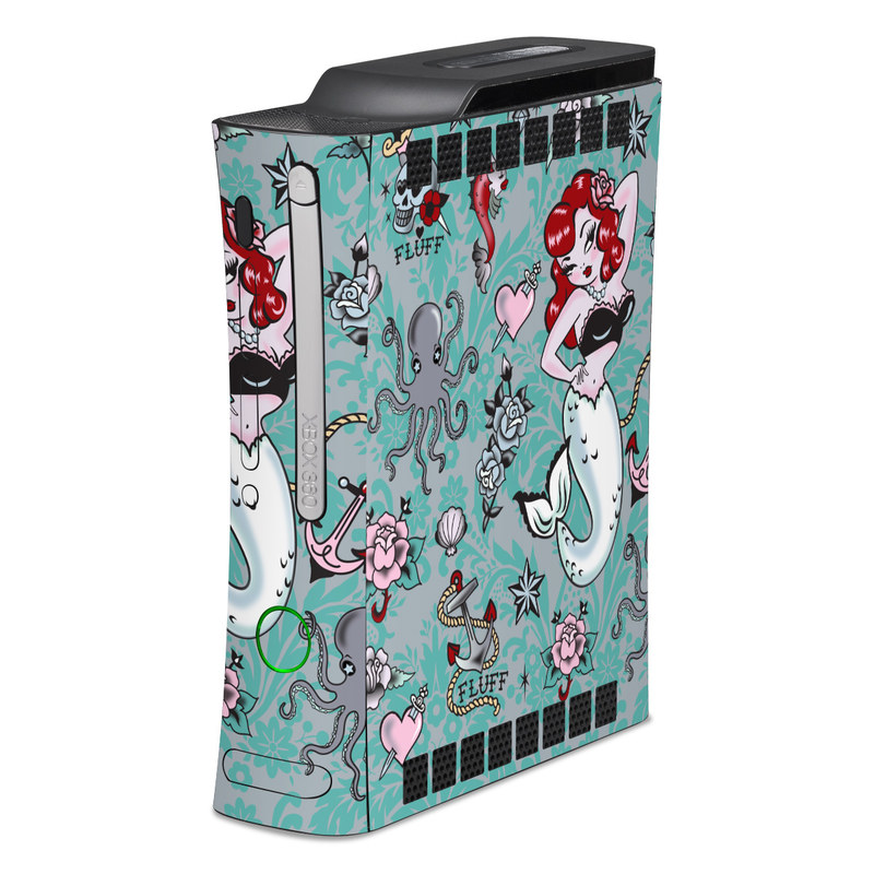 Old Xbox 360 Skin design of Mermaid, Illustration, Fictional character, Organism, Art, Pattern, Style, with gray, blue, black, red, white, pink colors